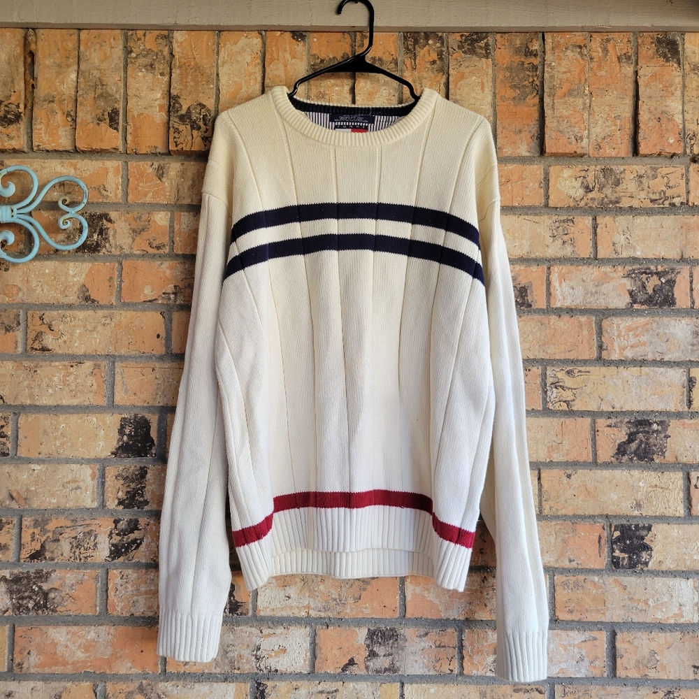 Vintage Tommy Hilfiger Cream Crewneck Sweater with Navy and Red Stripes